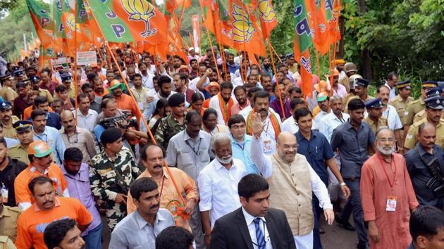 BJP national president Amit Shah at the launch of the party's Janraksha Yatra at Payyannur in Kannur on Tuesday.(PTI)