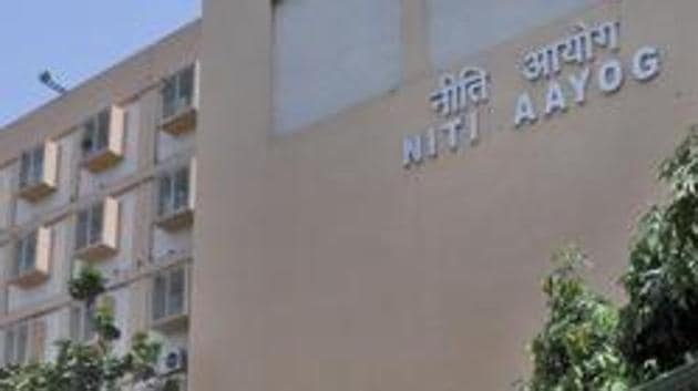 The Niti Aayog building on Parliament Street in New Delhi. Fixing agriculture, revenue generation and increasing the number of jobs are the key focus areas for the think tank, apart from improving social sector indices.(Sushil Kumar/HT File Photo)