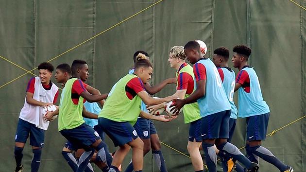 England football team practicing ahead of their FIFA U-17 World Cup opener against Chile. (PTI)