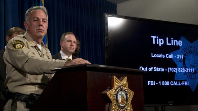 Clark County Sheriff Joe Lombardo holds a media briefing at Metro Police headquarters in Las Vegas on October 4. (AP Photo) Clark County Sheriff Joe Lombardo holds a media briefing at Metro Police headquarters in Las Vegas on October 4. (AP Photo)