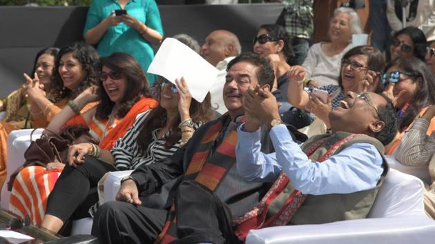 Shatrugan Sinha  and Janata Dal (United) leader Pavan Kumar Varma at the sixth edition of the Khushwant Singh literary festival at Kasauli on Friday. (Karun Sharma/HT) 