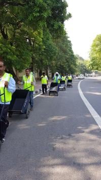 Sanitation workers at Jawaharlal Nehru Stadium where four games of FIFA U-17 World Cup will be played.(Picture provided by SDMC)