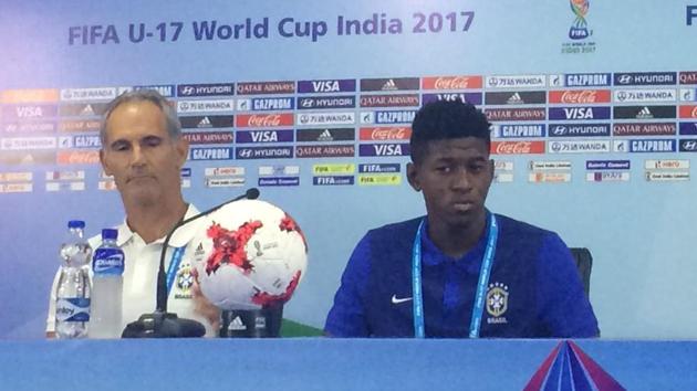 Brazil coach Carlos Amadeu and captain Vitao addressing the media in Kochi ahead of their FIFA U-17 World Cup opener vs Spain. (Twitter) Brazil coach Carlos Amadeu and captain Vitao addressing the media in Kochi ahead of their FIFA U-17 World Cup opener vs Spain. (Twitter)