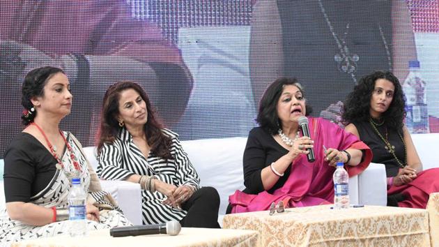 From left : Bollywood actor Divya Dutta, author Shobha De, author and academician Alka Pande, and writer Amrita Narayanan at the sixth edition of the Khushwant Singh literary festival at Kasauli on Friday. (Karun Sharma/HT)