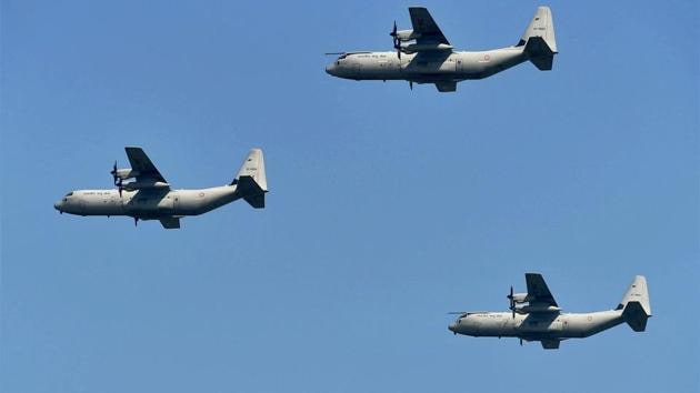 Indian Air Force's C-130J Super Hercules aircraft during a rehearsal for the 85th Air Force Day parade at Hindon Air Force base in Ghaziabad on Friday. (PTI Photo) Indian Air Force's C-130J Super Hercules aircraft during a rehearsal for the 85th Air Force Day parade at Hindon Air Force base in Ghaziabad on Friday. (PTI Photo)