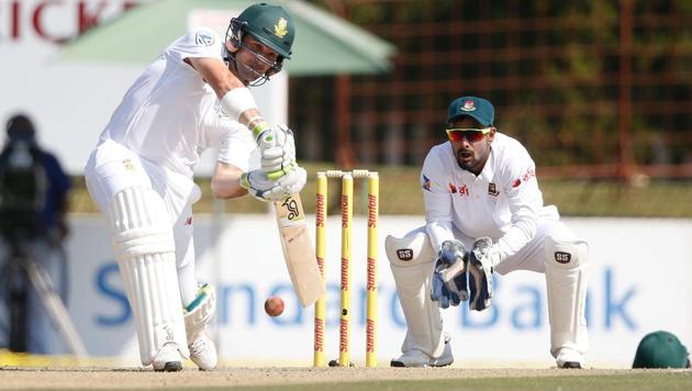 South African batsman Dean Elgar plays a shot en route to a century. The second Test started in Bloemfontein on Friday. Catch full cricket score of South Africa vs Bangladesh, 2nd Test, Day 1 here(AFP)