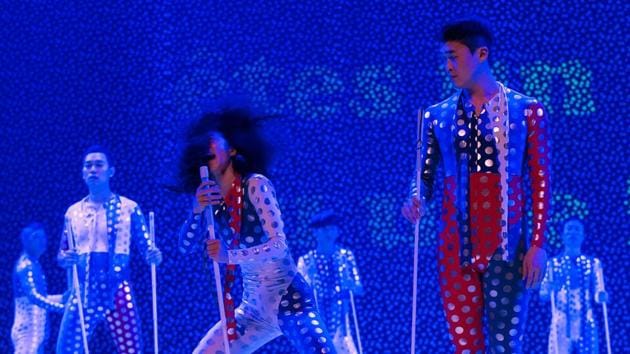 Psychedelic props and a post-modern narrative made the recital stand out, while the interactions between professional dancers and blind amateurs added stage depth to the show. (Thierry Zoccolan / AFP)
