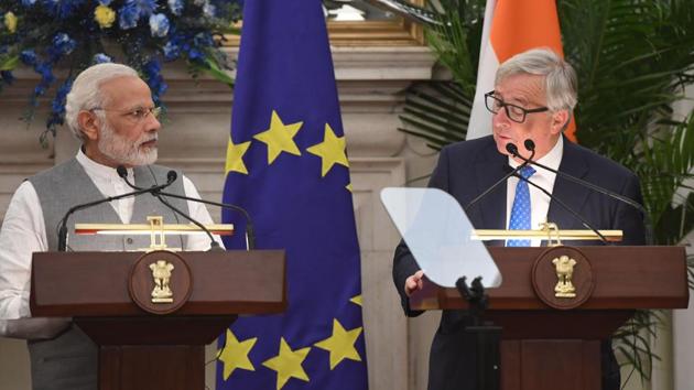 Prime Minister Narendra Modi (left) listens to European Commission president Jean-Claude Juncker during an exchange of agreements and press statement as the 14th EU-India Summit in New Delhi on October 6, 2017.(AFP Photo)