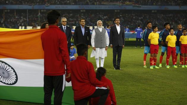 Prime Minister Narendra Modi was present along with Sports Minister Rajyavardhan Rathore and AIFF president Praful Patel. (AP) Prime Minister Narendra Modi was present along with Sports Minister Rajyavardhan Rathore and AIFF president Praful Patel. (AP)