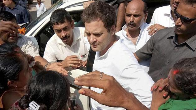 Congress vice president Rahul Gandhi interacts with a group of Anganwadi workers during his visit to Amethi on Thursday.(PTI Photo)