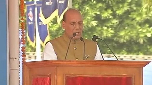 Union home minister Rajnath Singh addresses personnel of the blue dungaree-donning Rapid Action Force (RAF) at their base here on the occasion of their silver jubilee (25th) anniversary in Meerut on Saturday. (ANI) Union home minister Rajnath Singh addresses personnel of the blue dungaree-donning Rapid Action Force (RAF) at their base here on the occasion of their silver jubilee (25th) anniversary in Meerut on Saturday. (ANI)
