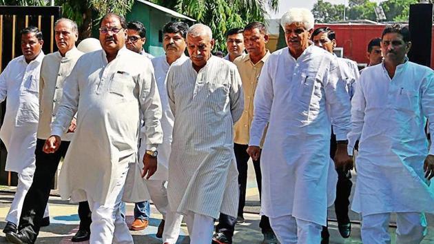 Indian National Lok Dal’s Abhay Chautala along with party leaders at Haryana Raj Bhawan in Chandigarh on Friday. (Sanjeev Sharma/HT) Indian National Lok Dal’s Abhay Chautala along with party leaders at Haryana Raj Bhawan in Chandigarh on Friday. (Sanjeev Sharma/HT)