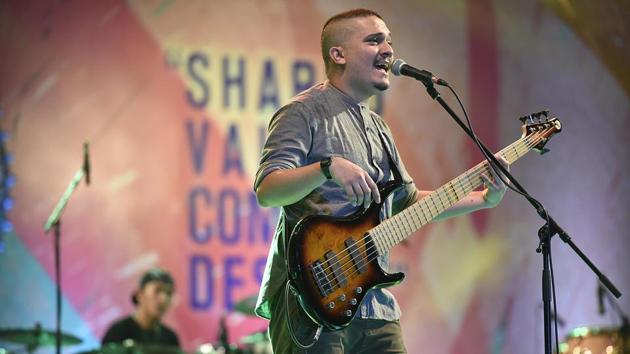 Tim de Cotta (lead vocalist, bassist) and his band from Singapore perform at the ASEAN-India Music Festival in New Delhi. (Raj K Raj / HT PHOTO)