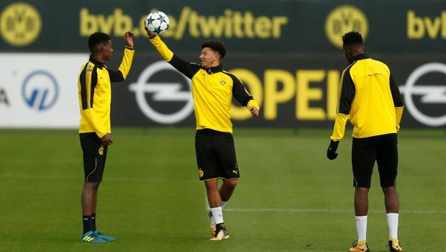 England player Jadon Sancho trains with his Borussia Dortmund teammates. (Reuters) England player Jadon Sancho trains with his Borussia Dortmund teammates. (Reuters)