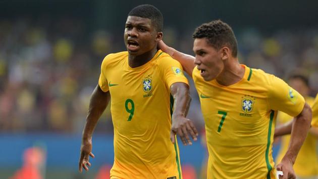 Lincoln (L) of Brazil runs along with his teammate to celebrate a goal against Spain during their Group D stage football match in the FIFA U-17 World Cup played at the Jawaharlal Nehru International Stadium in Kochi on October 7, 2017. Brazil won 2-1 to go atop of Group D. (AFP) Lincoln (L) of Brazil runs along with his teammate to celebrate a goal against Spain during their Group D stage football match in the FIFA U-17 World Cup played at the Jawaharlal Nehru International Stadium in Kochi on October 7, 2017. Brazil won 2-1 to go atop of Group D. (AFP)