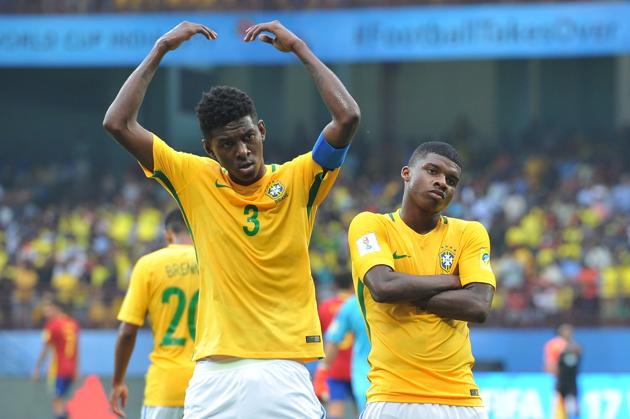 Lincoln (R) of Brazil celebrates a goal against Spain with team captain Vitao during their group stage football match of the FIFA U-17 World Cup at Jawaharlal Nehru International Stadium in Kochi on October 7, 2017. Brazil’s coach Carlos Amadeu was quick to note that the Kochi fans were great. (AFP) Lincoln (R) of Brazil celebrates a goal against Spain with team captain Vitao during their group stage football match of the FIFA U-17 World Cup at Jawaharlal Nehru International Stadium in Kochi on October 7, 2017. Brazil’s coach Carlos Amadeu was quick to note that the Kochi fans were great. (AFP)