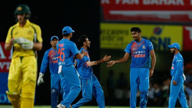 Jasprit Bumrah picked up two more wickets as Australia reached 118/8 in 18.4 overs before the rain came. (BCCI) Jasprit Bumrah picked up two more wickets as Australia reached 118/8 in 18.4 overs before the rain came. (BCCI)