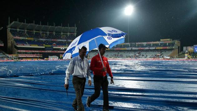 After a rain delay that lasted more than one hour, India’s target was revised to 48 off six overs thanks to the DLS method. (BCCI) After a rain delay that lasted more than one hour, India’s target was revised to 48 off six overs thanks to the DLS method. (BCCI)