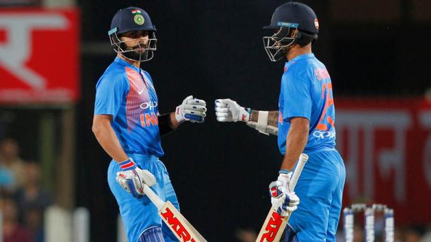 Virat Kohli and Shikhar Dhawan guided India to a nine-wicket win via DLS method as Australia suffered their seventh consecutive loss in T20Is against Virat Kohli’s side. Catch full cricket score of India vs Australia, 1st T20I from Ranchi here.(BCCI)