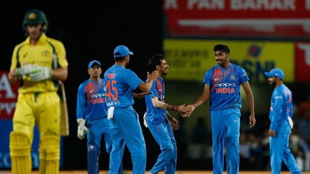 Jasprit Bumrah and Kuldeep Yadav picked up two wickets as India restricted Australia to 118/8 to win a rain-affected T20I by 9 wickets.(BCCI)