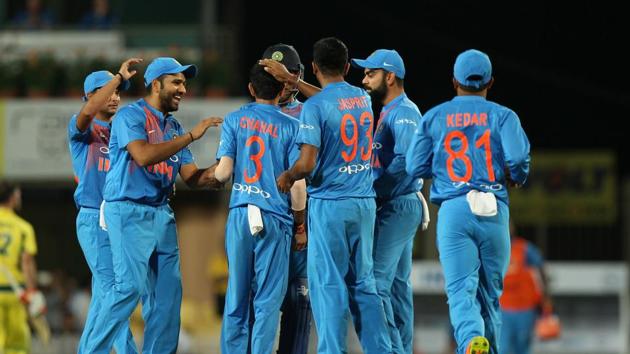 India’s bowlers put in a clinical display as they guided the team to a nine-wicket win in the first T20I against Australia in a match reduced to six overs due to rain as Virat Kohli’s side continued their winning streak against Australia. (BCCI) India’s bowlers put in a clinical display as they guided the team to a nine-wicket win in the first T20I against Australia in a match reduced to six overs due to rain as Virat Kohli’s side continued their winning streak against Australia. (BCCI)