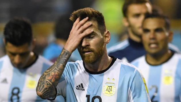Argentina's Lionel Messi gestures at the end of the goalless 2018 World Cup qualifier football match against Peru in Buenos Aires on October 5. (Eitan Abramovich / AFP) Argentina's Lionel Messi gestures at the end of the goalless 2018 World Cup qualifier football match against Peru in Buenos Aires on October 5. (Eitan Abramovich / AFP)