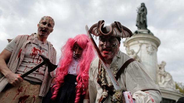 Participants attend the ‘Zombie Walk’ in Paris on October 7, 2017. Now, more than 50 cities participate in the event. (AFP)