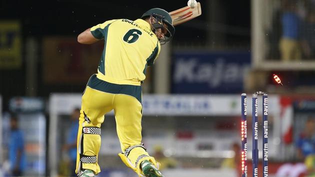 Australia cricket team’s Nathan Coulter-Nile gets bowled out by Indian cricket team's Jasprit Bumrah during their T20I cricket match in Ranchi on Saturday. (AP) Australia cricket team’s Nathan Coulter-Nile gets bowled out by Indian cricket team's Jasprit Bumrah during their T20I cricket match in Ranchi on Saturday. (AP)
