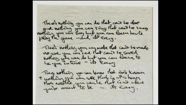 ‘The All You Need is Love’ lyric manuscript in John Lennon’s original handwriting, as seen at the press preview of a major Lennon memorabilia collection at Club Cirque on June 27, 2005 in London, England. One of the most iconic songs from The Beatles repertoire, the song was written by Lennon but credited to both Lennon and Paul McCartney. (Chris Jackson / Getty Images)
