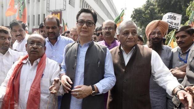 Minister of State for Home Kiren Rijiju during the Jan Raksha Yatra to protest against the alleged killing of RSS and BJP workers in New Delhi on Monday. (Sonu Mehta/HT Photo) Minister of State for Home Kiren Rijiju during the Jan Raksha Yatra to protest against the alleged killing of RSS and BJP workers in New Delhi on Monday. (Sonu Mehta/HT Photo)