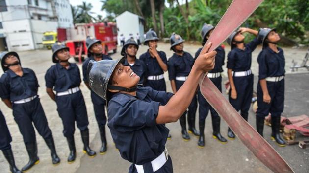 A training drill in session for firewomen at the Wadala fire station. As part of recruitment, the women have to run a gruelling 200m track and then make a 19ft-high leap from a drill tower as part of their routine. (Aniruddha Chowdhury / Mint) A training drill in session for firewomen at the Wadala fire station. As part of recruitment, the women have to run a gruelling 200m track and then make a 19ft-high leap from a drill tower as part of their routine. (Aniruddha Chowdhury / Mint)