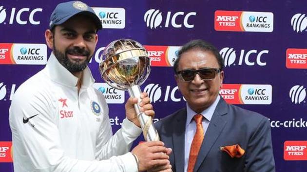 Sunil Gavaskar presents Indian cricket captain the ICC Test Mace during the fourth Test match between India and Australia in Dharamsala on March 28, 2017. The ICC planning a Test championship over a two-year cycle.(BCCI)