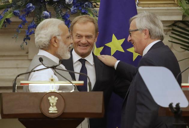 Prime Minister Narendra Modi, left, with President of the European Council Donald Tusk, centre, and President of the European Commission Jean-Claude Juncker, in New Delhi. The European Union and India will step up efforts to counter violent extremism and radicalisation, particularly online, and enhance military cooperation for maritime security in the Indian Ocean and beyond. (AP) Prime Minister Narendra Modi, left, with President of the European Council Donald Tusk, centre, and President of the European Commission Jean-Claude Juncker, in New Delhi. The European Union and India will step up efforts to counter violent extremism and radicalisation, particularly online, and enhance military cooperation for maritime security in the Indian Ocean and beyond. (AP)