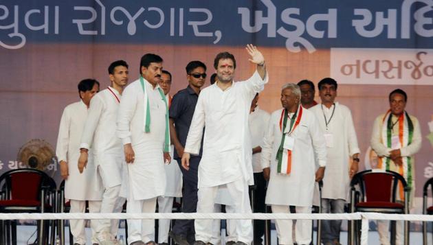 Congress vice-president Rahul Gandhi waves to supporters at a public meeting at Borsad village of Anand district on Monday. (PTI) Congress vice-president Rahul Gandhi waves to supporters at a public meeting at Borsad village of Anand district on Monday. (PTI)
