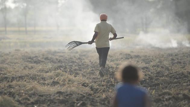 Stubble burning is a deliberate setting fire of the straw stubble that is residual after the harvesting of wheat and other grains. (Sanchit Khanna / HT PHOTO)
