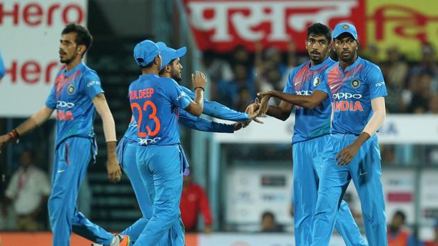 In reply, Jasprit Bumrah and Bhuvneshwar Kumar removed Australian openers David Warner and Aaron Finch inside the Powerplay. (BCCI ) In reply, Jasprit Bumrah and Bhuvneshwar Kumar removed Australian openers David Warner and Aaron Finch inside the Powerplay. (BCCI )