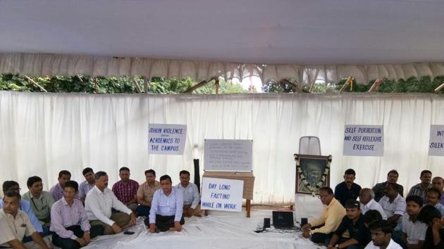 A scene at the protest on Tuesday morning. (HT Photo) A scene at the protest on Tuesday morning. (HT Photo)