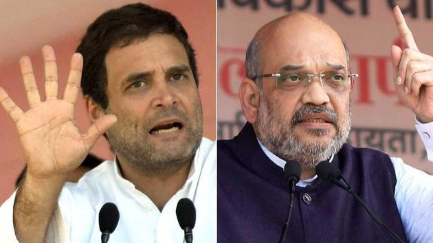 Congress vice president Rahul Gandhi addressing a gathering at Vadodara and BJP chief Amit Shah in Amethi on Tuesday.(Combination photo/Agencies) Congress vice president Rahul Gandhi addressing a gathering at Vadodara and BJP chief Amit Shah in Amethi on Tuesday.(Combination photo/Agencies)