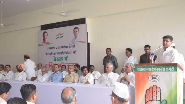 Rajasthan Congress president Sachin Pilot addressing newly elected Congress committee members. (HT Photo) Rajasthan Congress president Sachin Pilot addressing newly elected Congress committee members. (HT Photo)