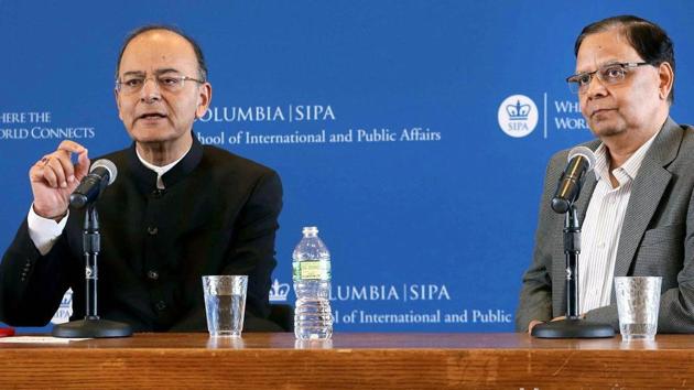 Finance minister Arun Jaitley and Arvind Panagariya during a conversations at School of International Public Affairs of Columbia University in New York on Tuesday. (PTI) Finance minister Arun Jaitley and Arvind Panagariya during a conversations at School of International Public Affairs of Columbia University in New York on Tuesday. (PTI)