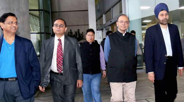Finance minister Arun Jaitley arrives at New York’s John F Kennedy airport on Monday. Navtej Sarna (extreme right), India’s Ambassador to the US is also seen. (PTI Photo) Finance minister Arun Jaitley arrives at New York’s John F Kennedy airport on Monday. Navtej Sarna (extreme right), India’s Ambassador to the US is also seen. (PTI Photo)