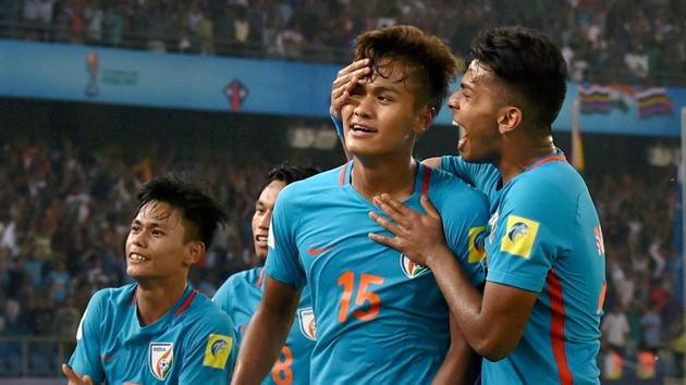 Jeakson Singh celebrates with teammates after scoring India's first goal during the FIFA U-17 World Cup against Colombia in New Delhi on Monday. (PTI) Jeakson Singh celebrates with teammates after scoring India's first goal during the FIFA U-17 World Cup against Colombia in New Delhi on Monday. (PTI)