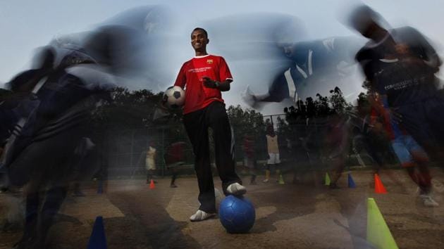 Sylvester Peter was keen at a very young age to start his own football academy and as he grew older, he put together resources to start ‘My Angels Academy.’ Today, it operates out of a small 18ft x 10ft rented shanty in Vikaspuri, New Delhi and is bringing changes in the society through sheer love and care. Former drug addict and petty thieves are today’s confident and dreaming youth, who excel as bankers and professional football players. (RAJ K RAJ / HT PHOTO)