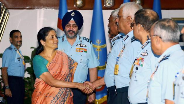 Union defence minister Nirmala Sitharaman interacting with IAF Commanders during a conference in New Delhi on Tuesday. (PTI Photo) Union defence minister Nirmala Sitharaman interacting with IAF Commanders during a conference in New Delhi on Tuesday. (PTI Photo)