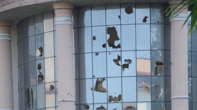 Windowpanes of a building vandalised at Swami Devi Dyal College, Barwala, in Panchkula district. (Sant Arora/HT) Windowpanes of a building vandalised at Swami Devi Dyal College, Barwala, in Panchkula district. (Sant Arora/HT)