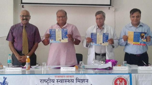 Health Minister Kali Charan Saraf (second from left) launched a toll free number for queries related to mental health and its solution in Jaipur on Tuesday. (HT Photo) Health Minister Kali Charan Saraf (second from left) launched a toll free number for queries related to mental health and its solution in Jaipur on Tuesday. (HT Photo)