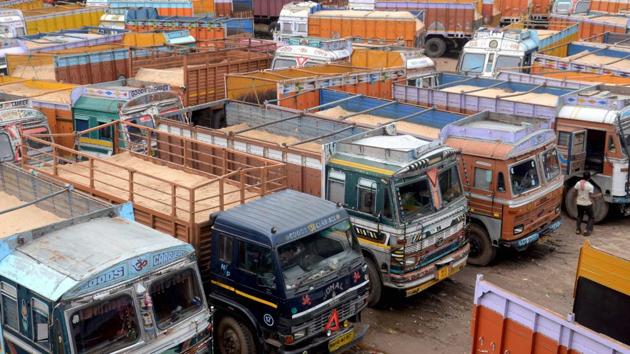 Trucks standing as the all India truck strike enters its second day in Kolkata on Tuesday.(PTI Photo)