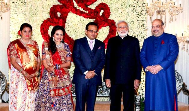 Prime Minister Narendra Modi with BJP national president Amit shah and his son Jay and daughter in law Rishita during their wedding reception in New Delhi on Sunday. (PTI) Prime Minister Narendra Modi with BJP national president Amit shah and his son Jay and daughter in law Rishita during their wedding reception in New Delhi on Sunday. (PTI)