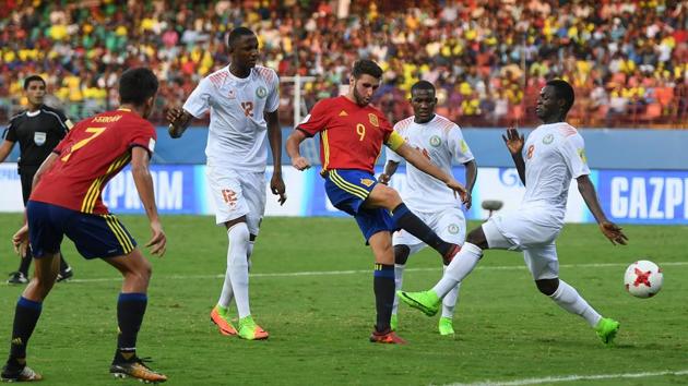 Abel Ruiz of Spain scores his second goal during their FIFA U-17 World Cup 2017 Group D match against Niger at the Jawaharlal Nehru International Stadium in Kochi on Tuesday. (FIFA via Getty Images) Abel Ruiz of Spain scores his second goal during their FIFA U-17 World Cup 2017 Group D match against Niger at the Jawaharlal Nehru International Stadium in Kochi on Tuesday. (FIFA via Getty Images)