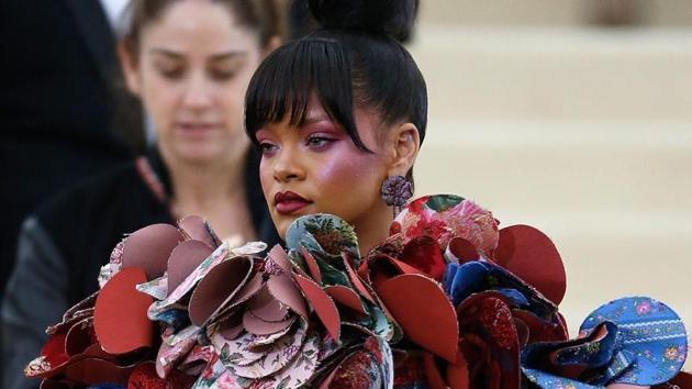 Rihanna’s debut beauty collection includes only one lip product; a Gloss Bomb Universal Lip Luminizer. The singer pictured at the Met gala in May, 2017. (AFP) Rihanna’s debut beauty collection includes only one lip product; a Gloss Bomb Universal Lip Luminizer. The singer pictured at the Met gala in May, 2017. (AFP)